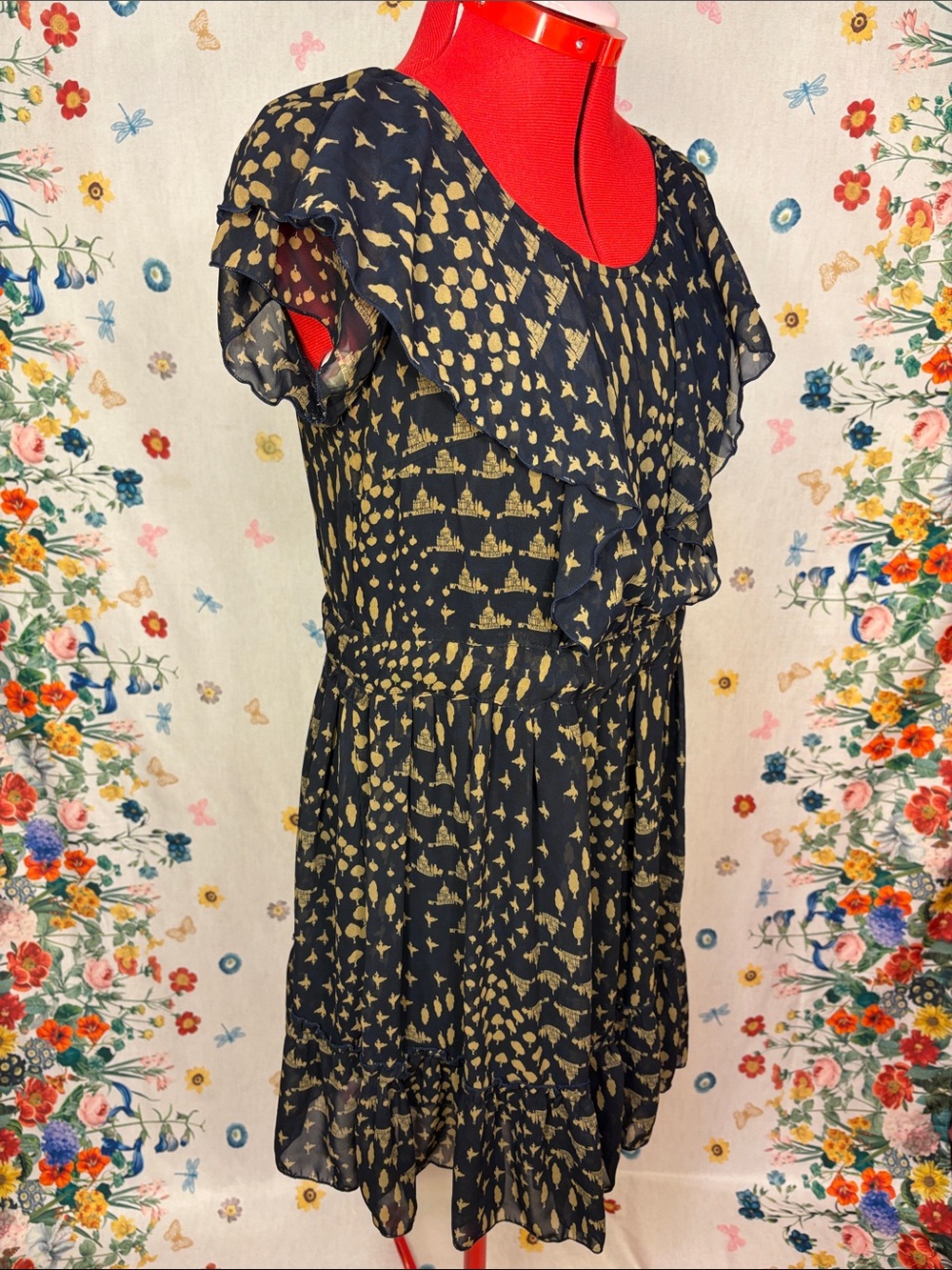 Ecote- Black and Gold Ruffle Flutter-Sleeve Dress with Adjustable Tie Waist